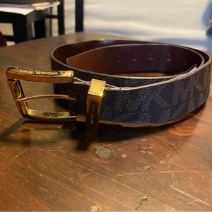 MK Michael Kors monogram brown belt synthetic leather goldtone hardware Small